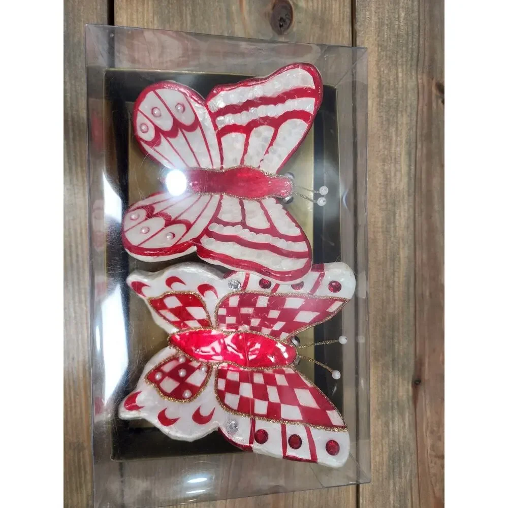 MacKenzie Childs Pink & Red Rosy Check Butterfly Wall Hanging Decoration Set